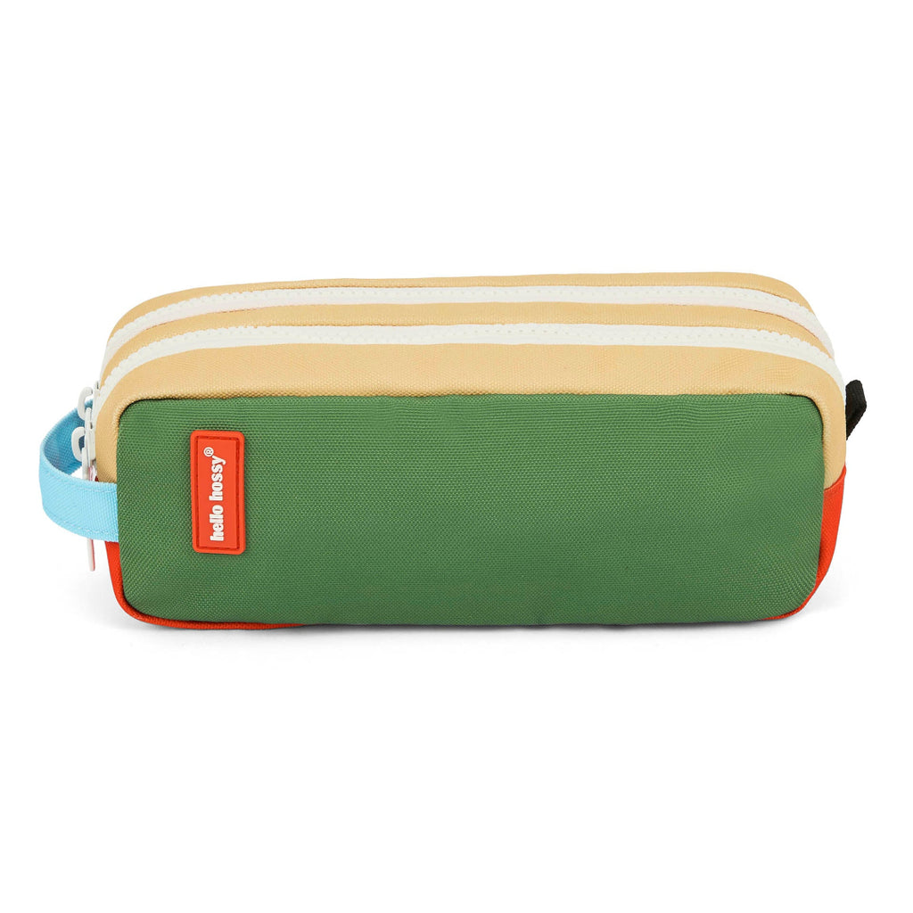 Multicolored rectangular pouch with a visible brand logo on a white background