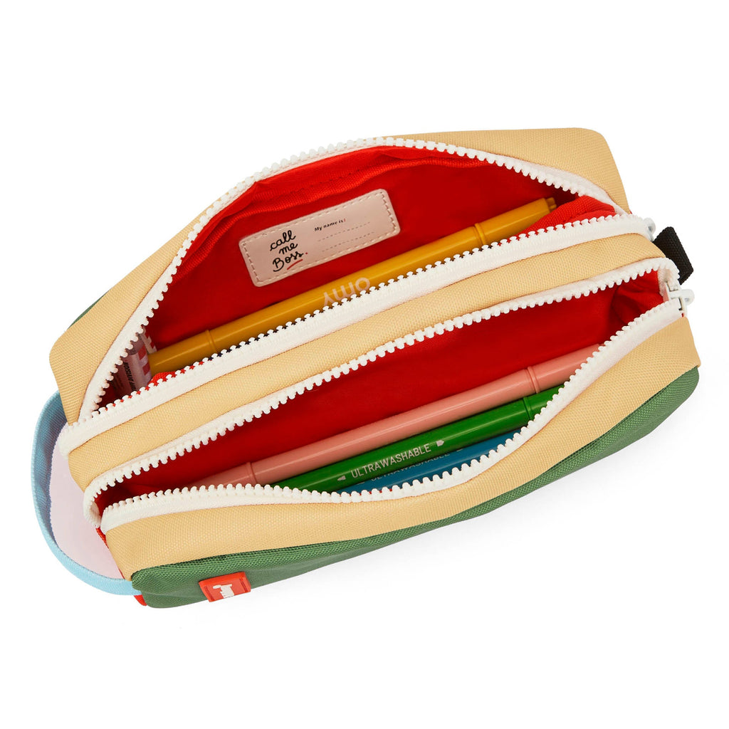Multicolored zipper pouch with stationery items on a white background
