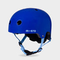 Micro plain helmet in matt blue with light blue straps, front three-quarter view