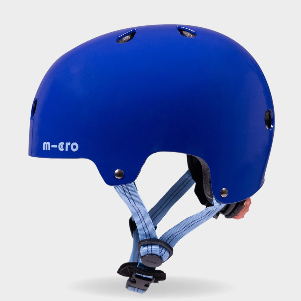 Side view of the blue Micro plain kids' helmet showing the air vents