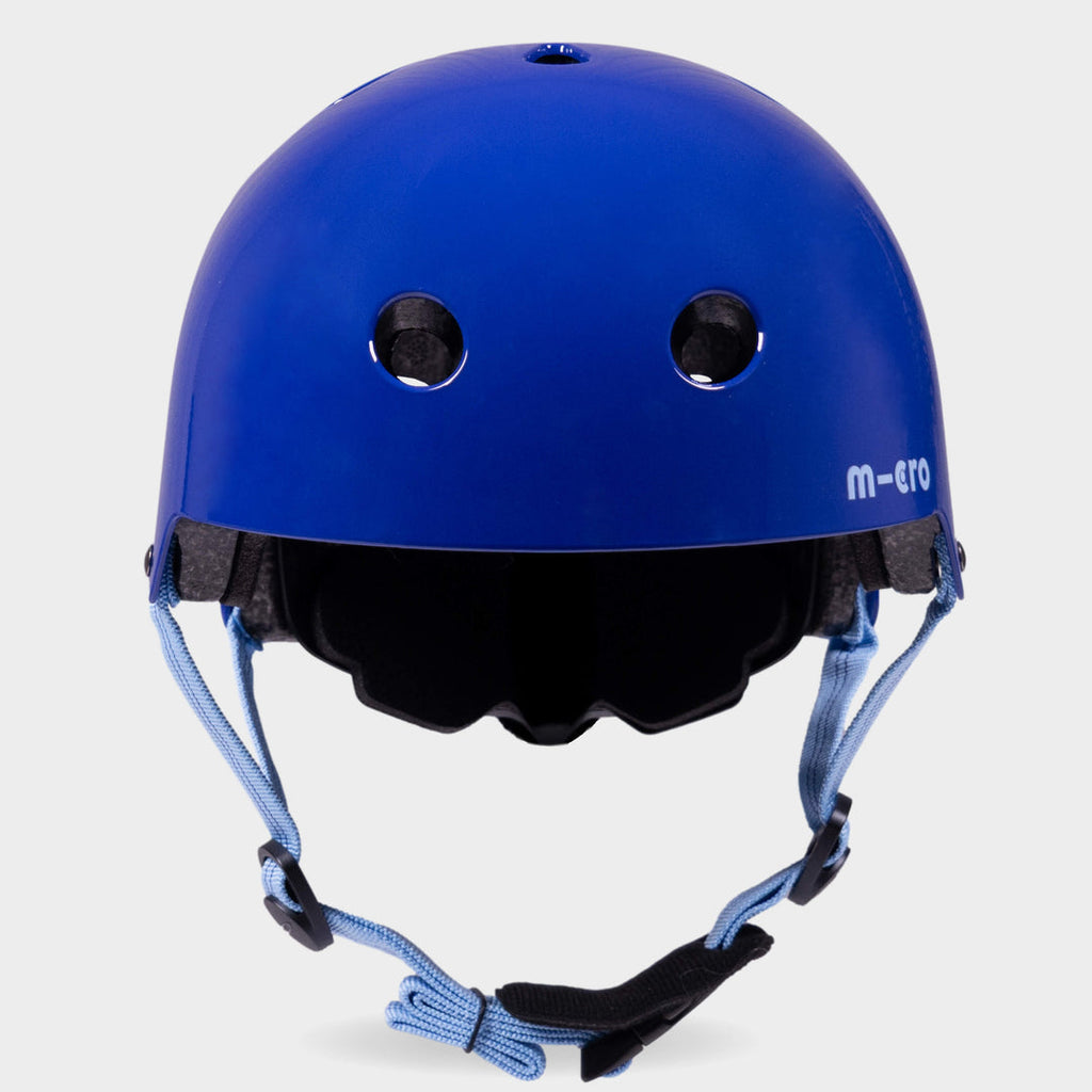 Front view of the blue Micro plain helmet with light blue straps