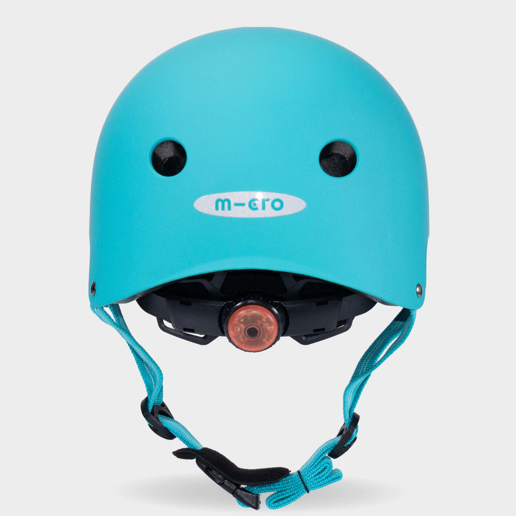 Back of the aqua Micro plain helmet showing the rear light and micro logo