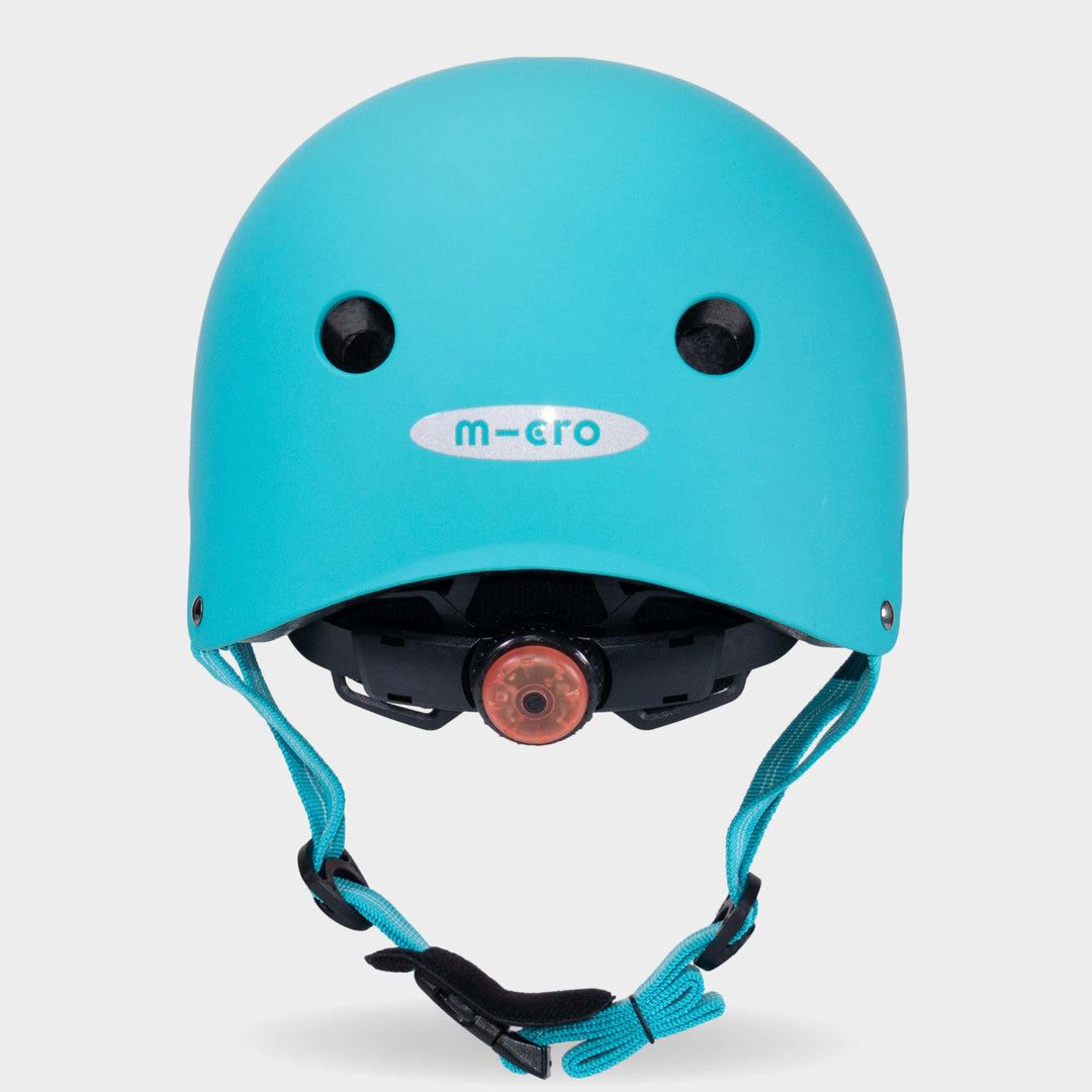 Back of the aqua Micro plain helmet showing the rear light and micro logo