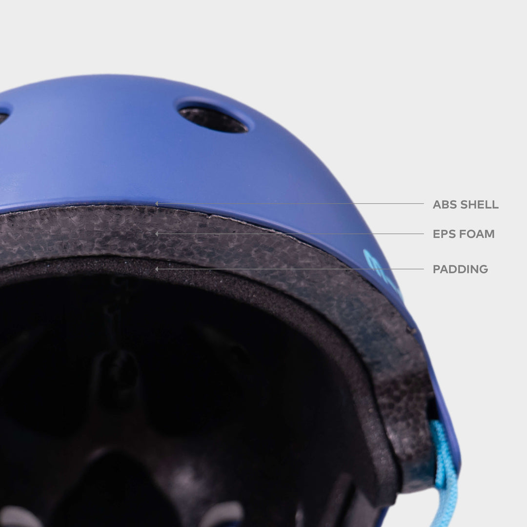 Cut-away of the navy Micro helmet showing the ABS shell, EPS foam and padding layers