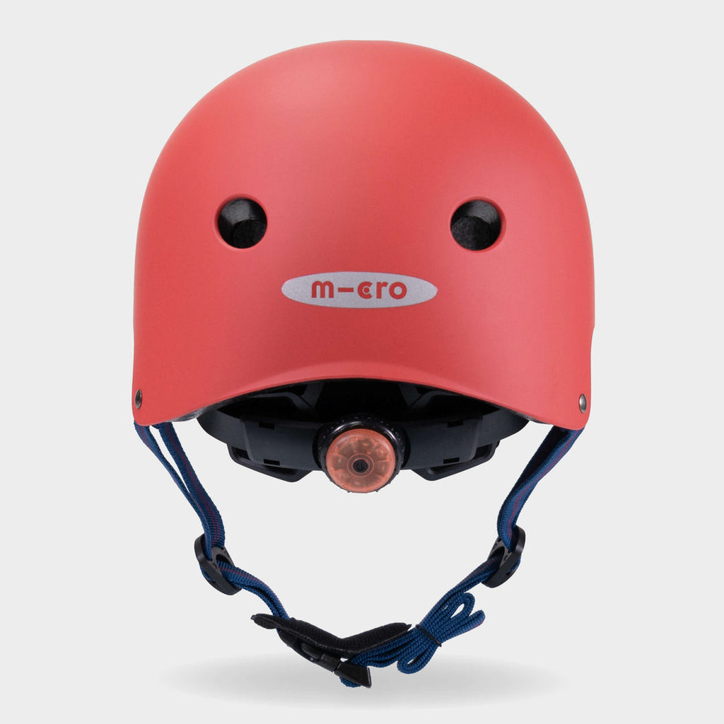 Back of the red Micro plain helmet showing the rear light and micro logo