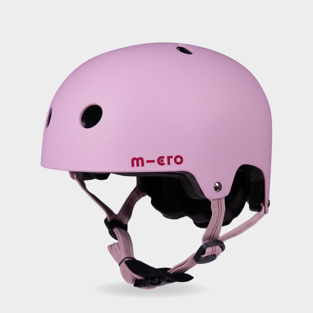 Micro plain helmet in matt rose pink with dusky pink straps, front three-quarter view