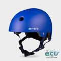 Micro Eco helmet in matt blue with black straps and the Eco Collection logo, front three-quarter view