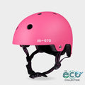 Micro Eco helmet in matt pink with black straps and the Eco Collection logo, front three-quarter view