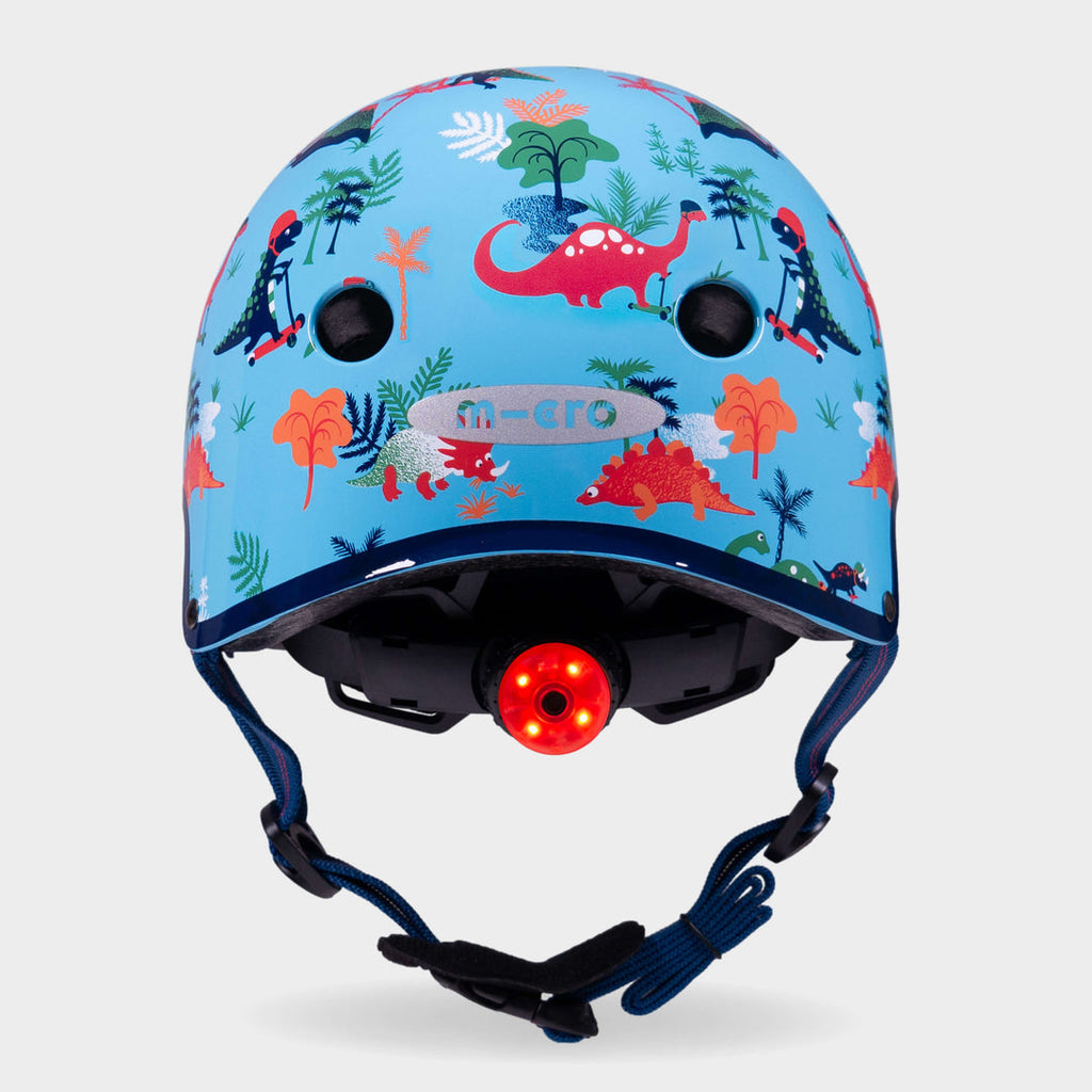 Back of the Dino Micro helmet with the red rear safety light switched on
