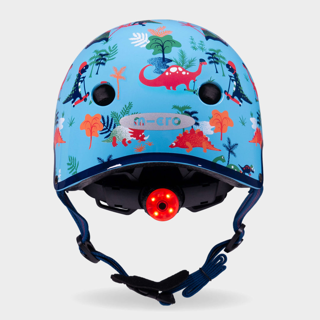 Back of the Dino Micro helmet with the red rear safety light switched on