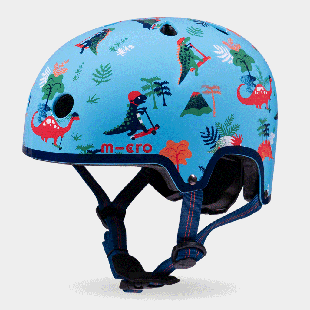 Rotating 360-degree view of the blue Dino Micro printed helmet