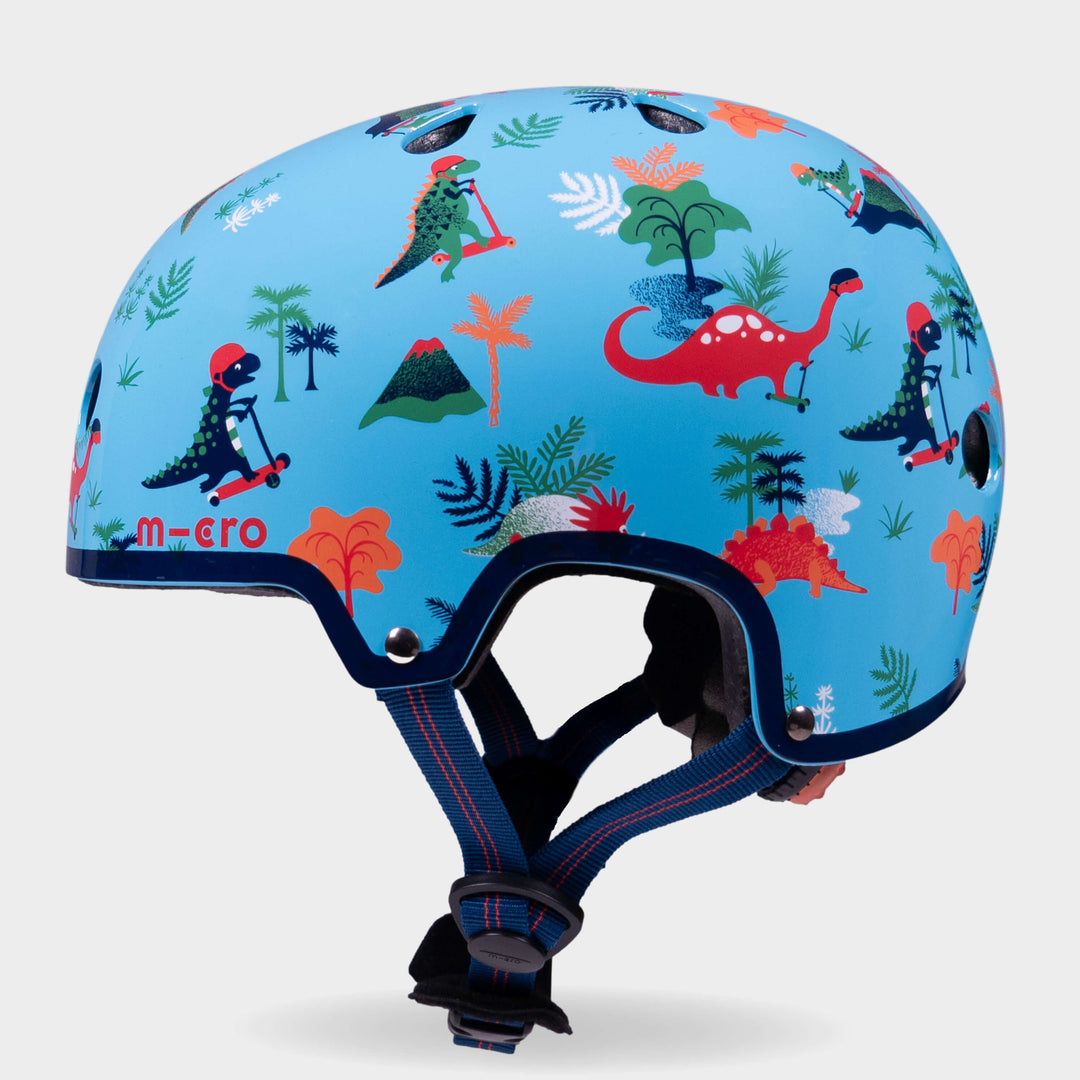 Side view of the blue Dino Micro kids' helmet with navy straps