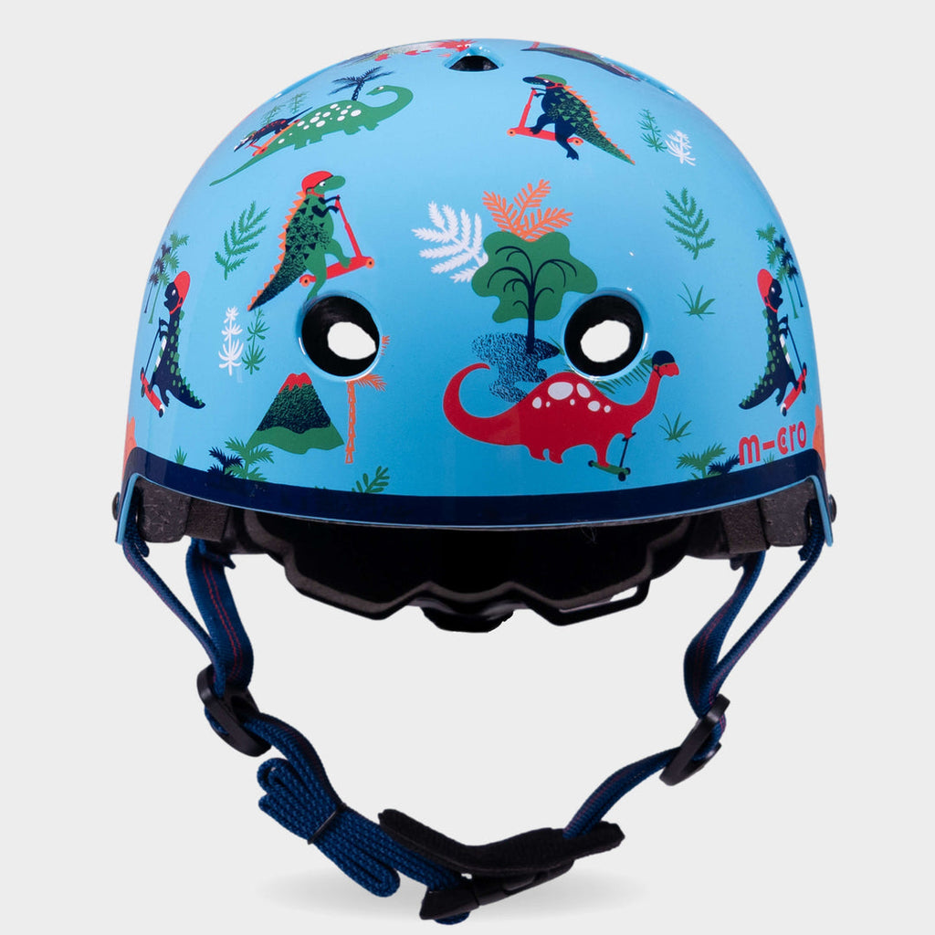 Front view of the Dino Micro printed helmet with navy straps
