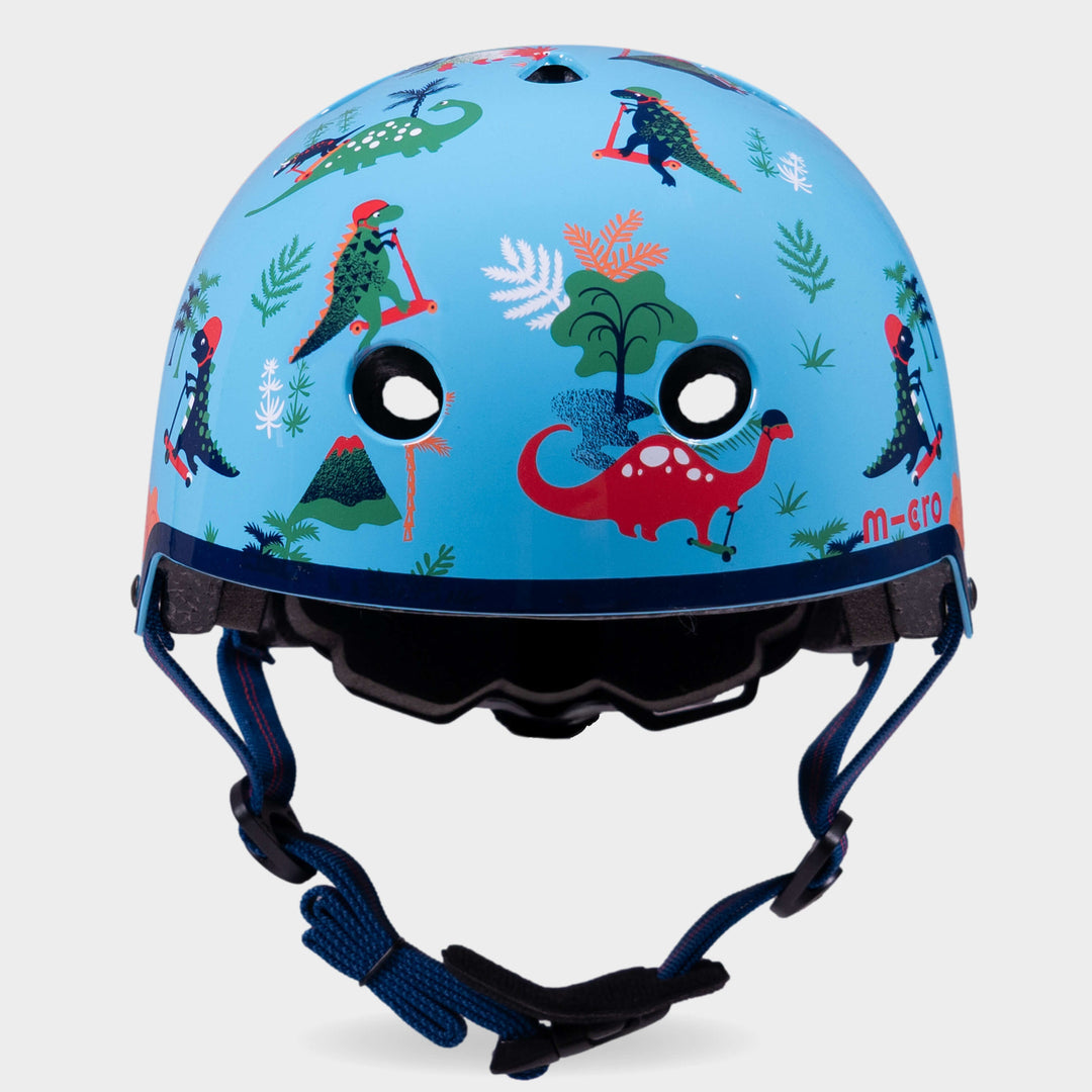 Front view of the Dino Micro printed helmet with navy straps