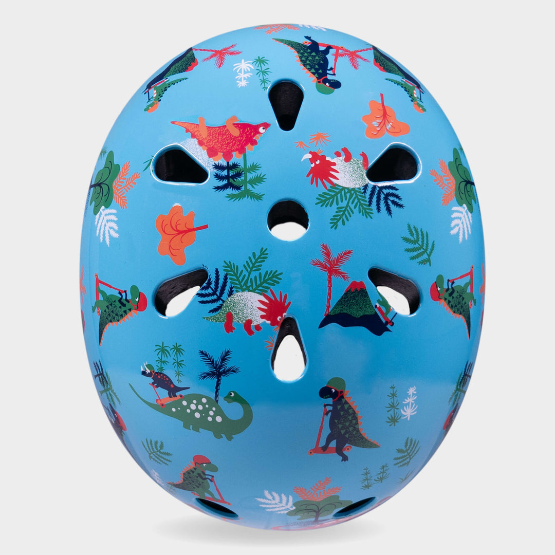Top view of the Dino Micro helmet showing the dinosaur print and air vents