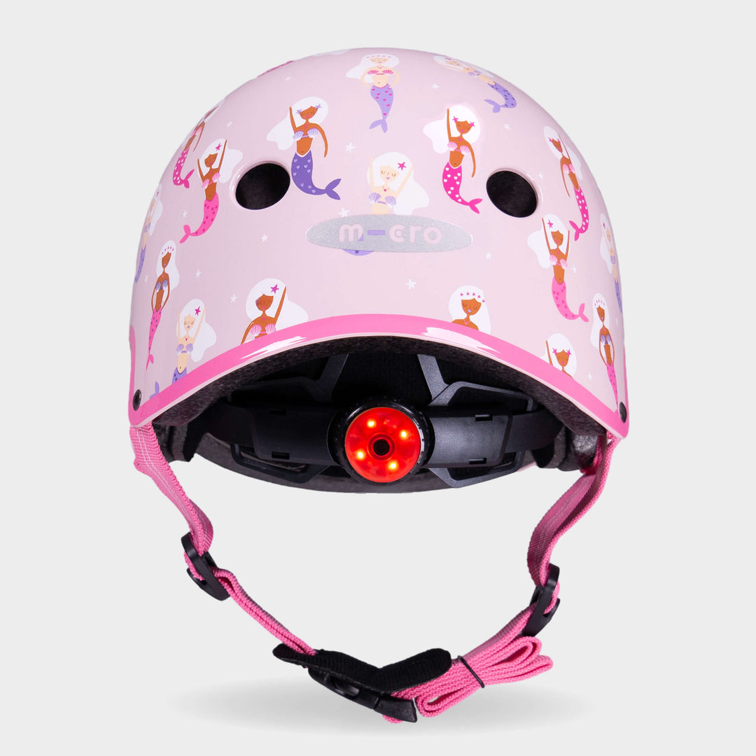Back of the Mermaid Micro helmet with the red rear safety light switched on