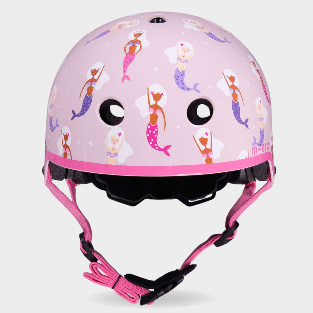 Front view of the Mermaid Micro printed helmet with bright pink straps