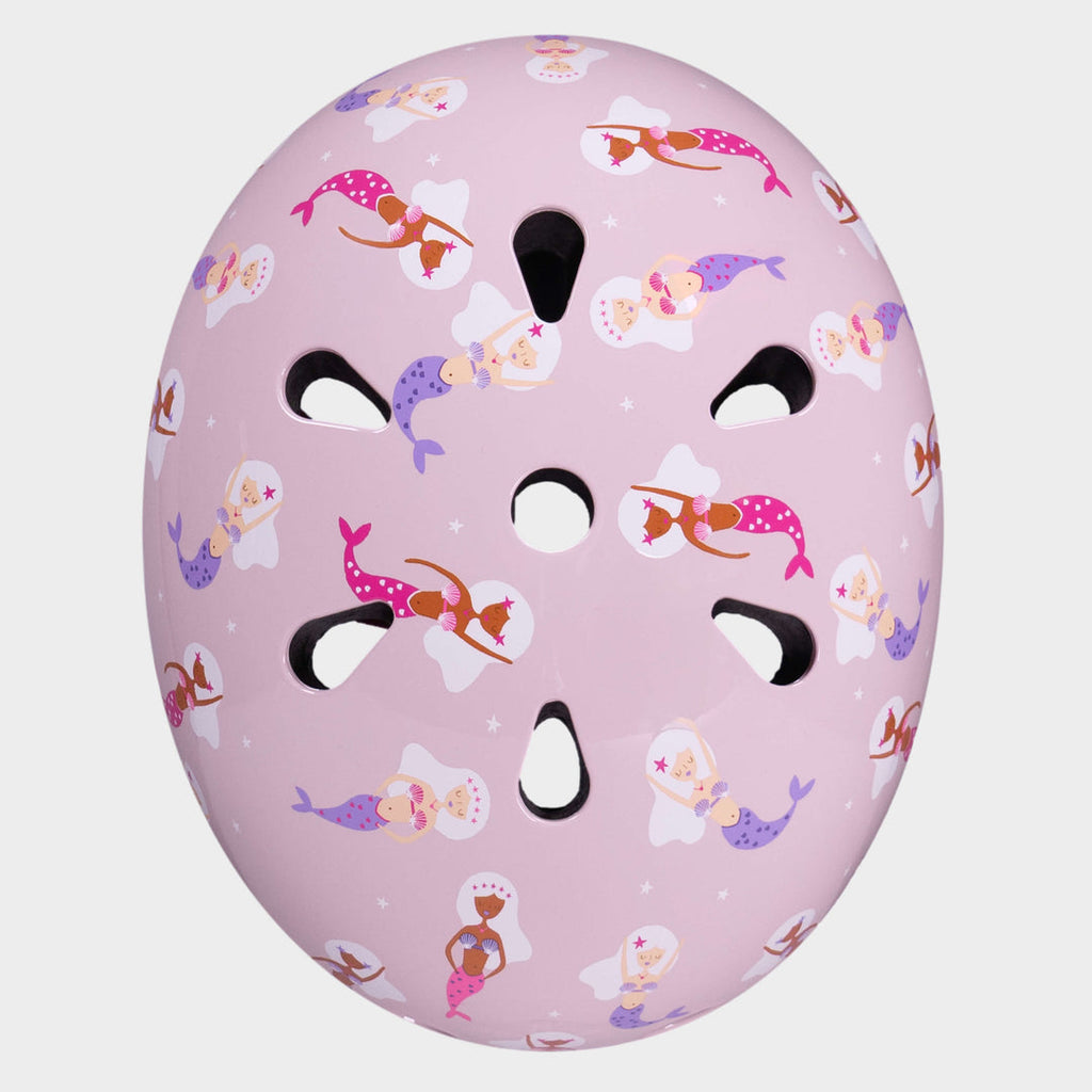 Top view of the Mermaid Micro helmet showing the mermaid print and air vents