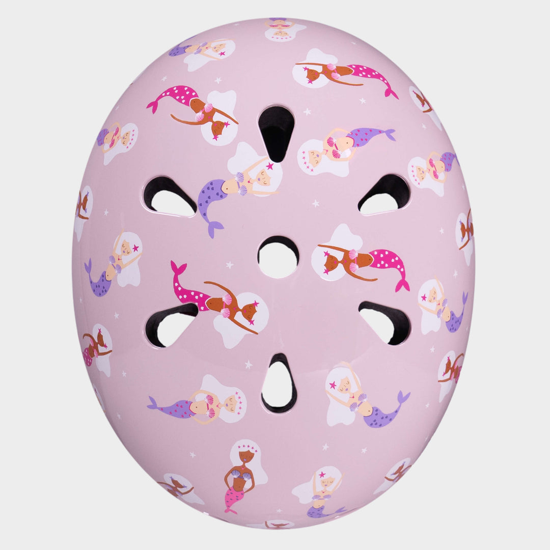 Top view of the Mermaid Micro helmet showing the mermaid print and air vents