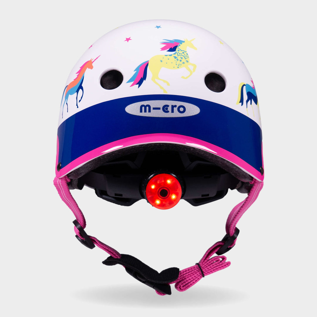 Back of the Unicorn Micro helmet with the red rear safety light switched on