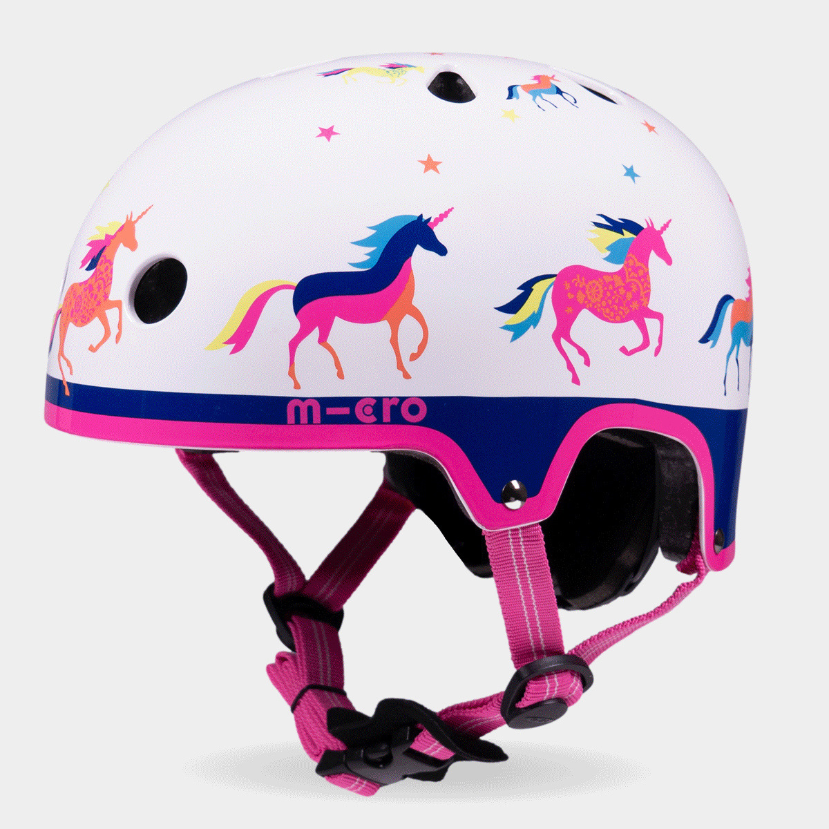 Rotating 360-degree view of the white Unicorn Micro printed helmet