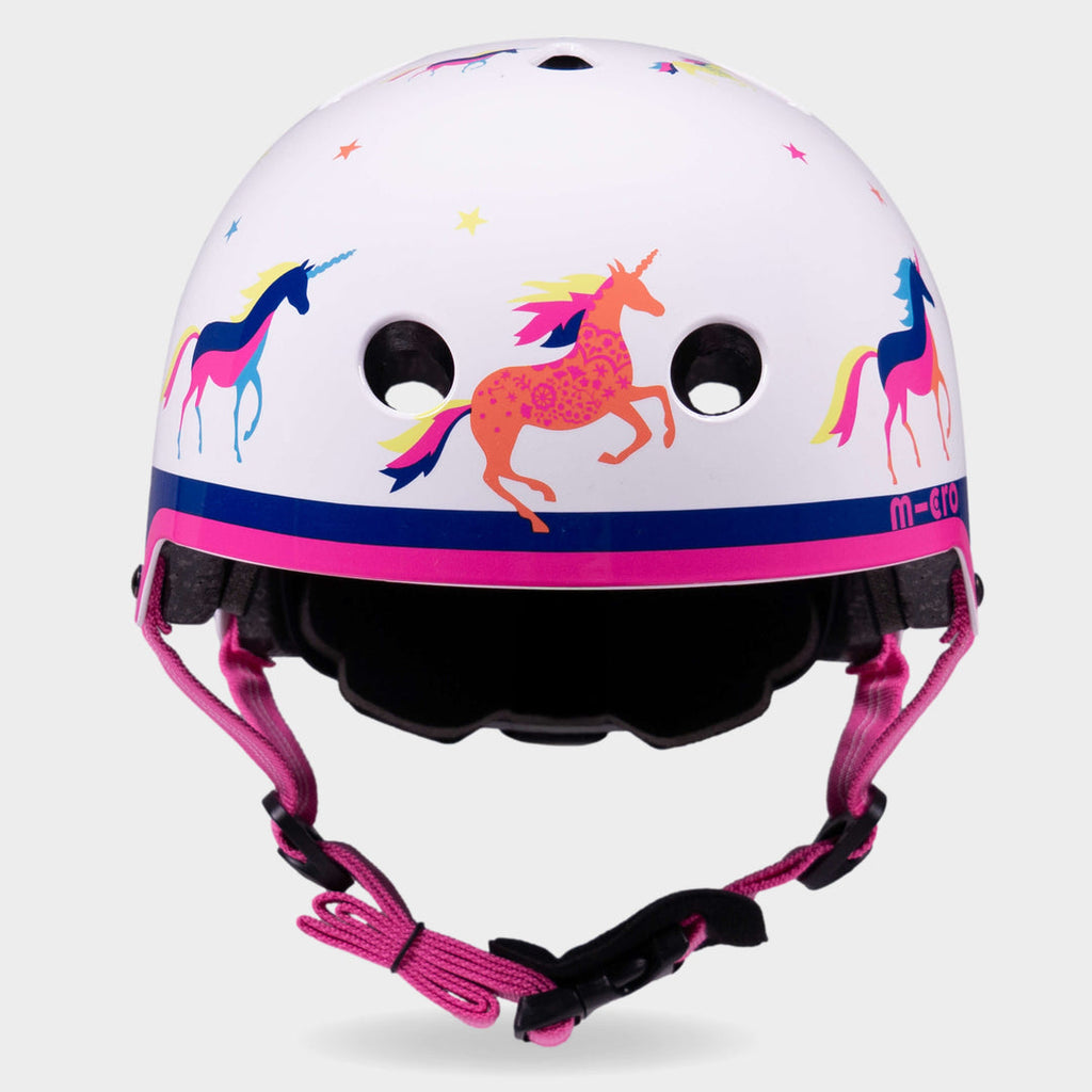 Front view of the Unicorn Micro printed helmet with pink straps