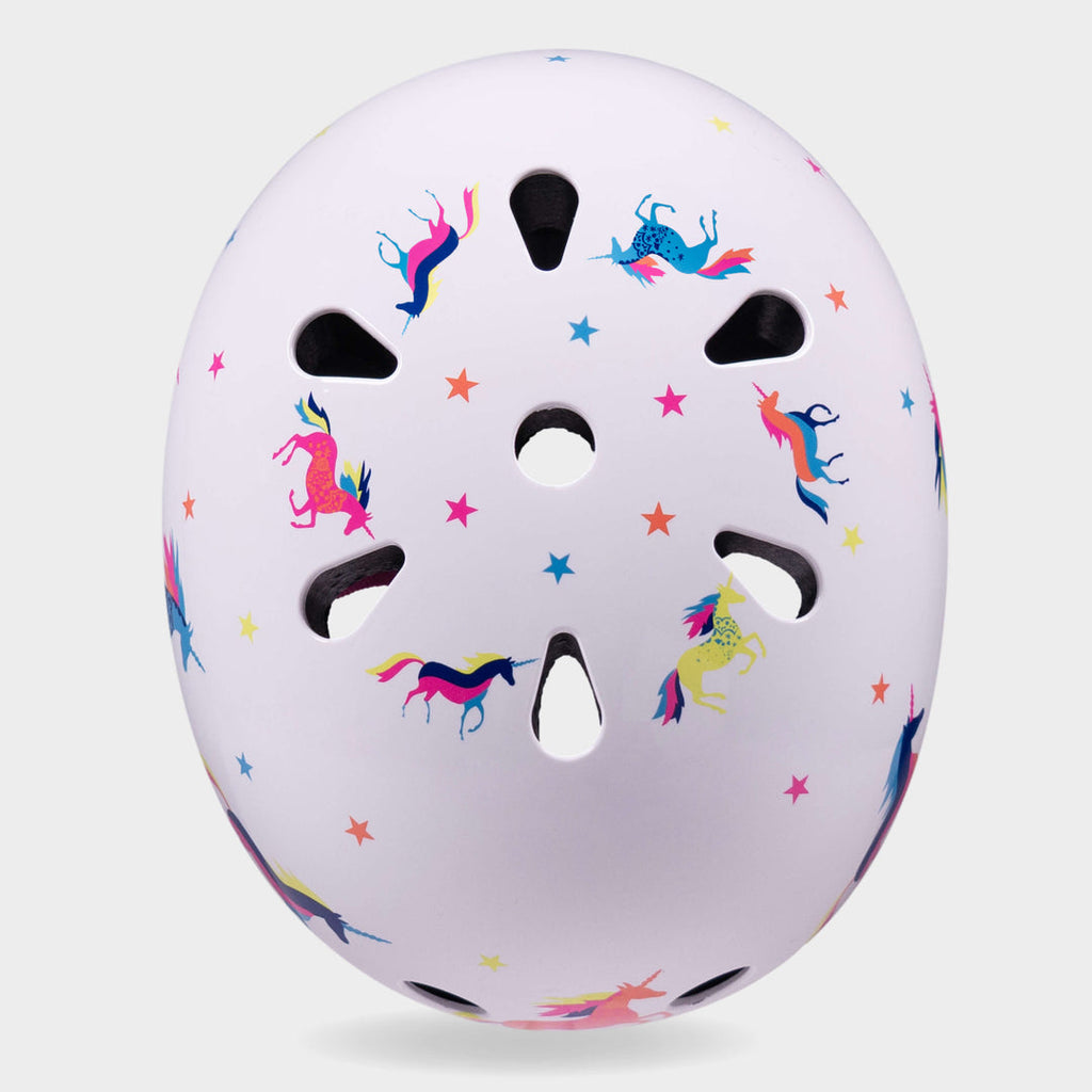 Top view of the Unicorn Micro helmet showing the unicorn and star print and air vents