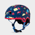 Micro printed helmet in navy with a colourful cars, buses and bikes pattern, red trim and blue straps, front three-quarter view