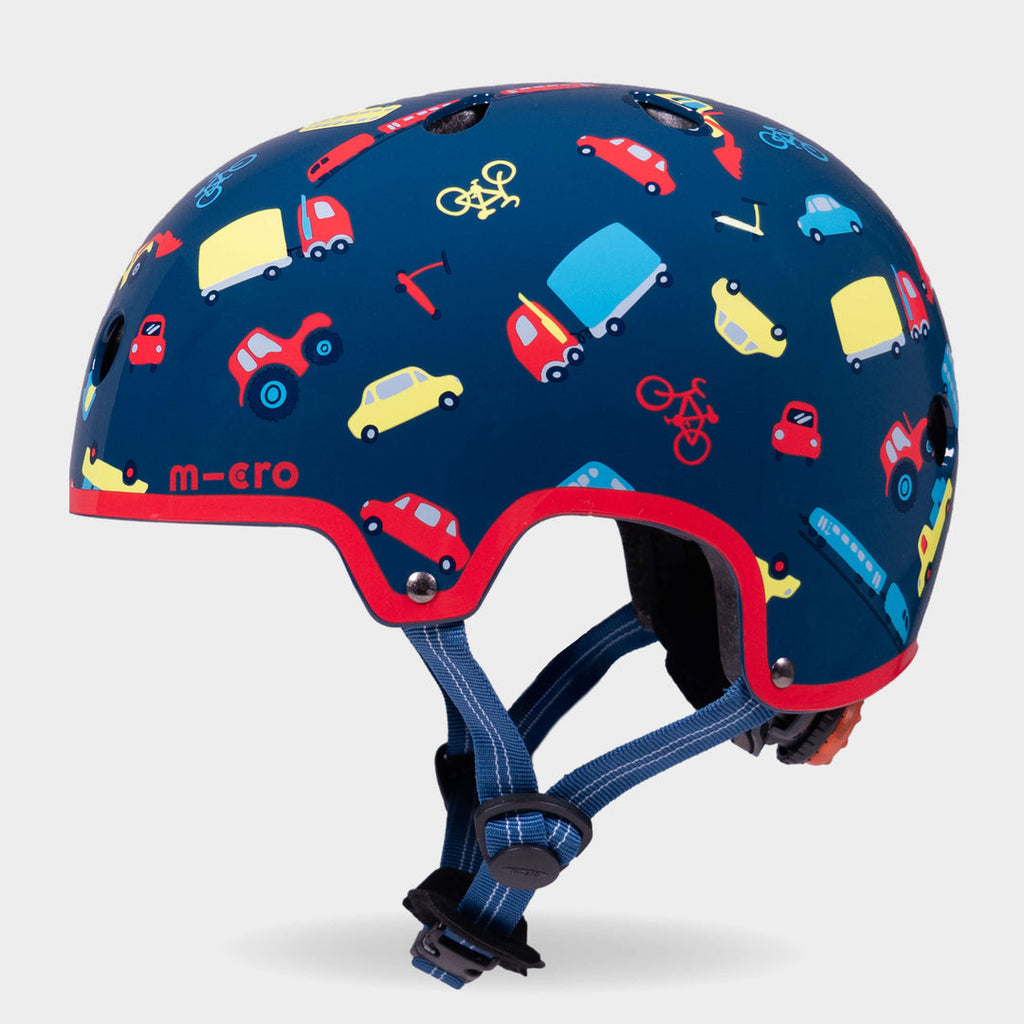 Side view of the Vehicle Micro kids' helmet with blue straps