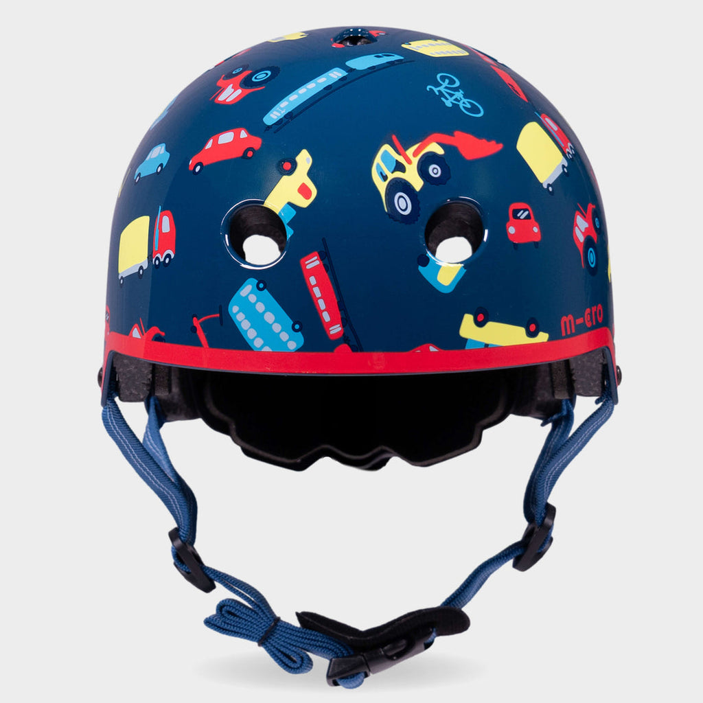 Front view of the Vehicle Micro printed helmet with blue straps