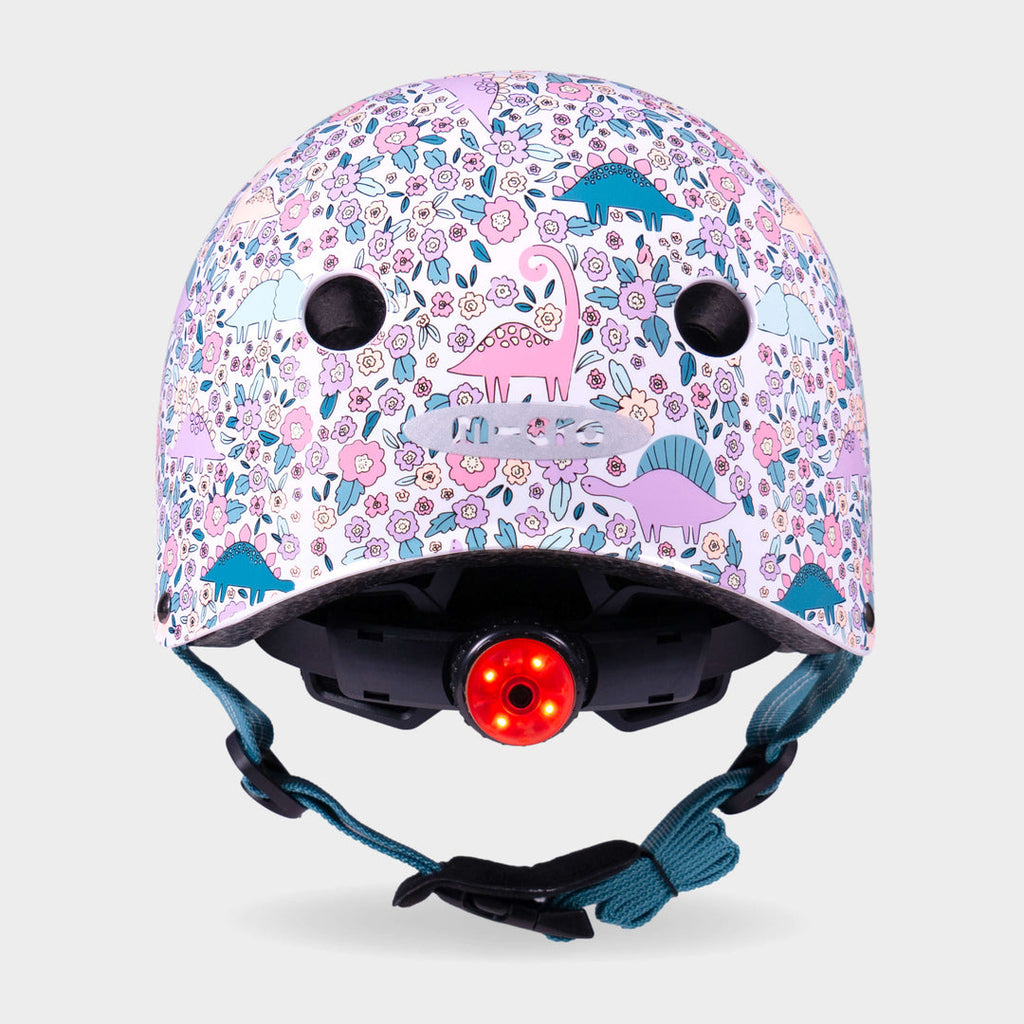 Back of the Flora-Saur Micro helmet with the red rear safety light switched on