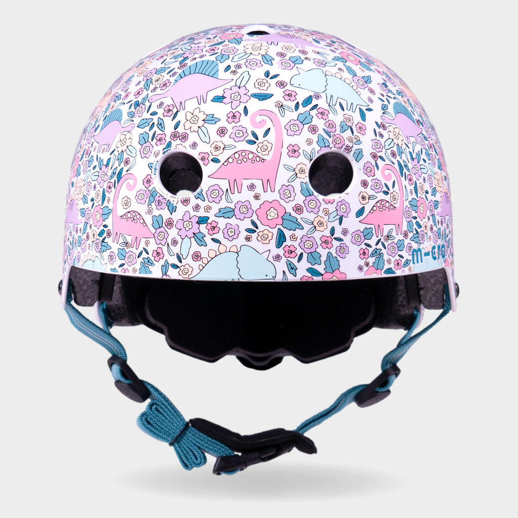 Front view of the Flora-Saur Micro printed helmet with teal straps