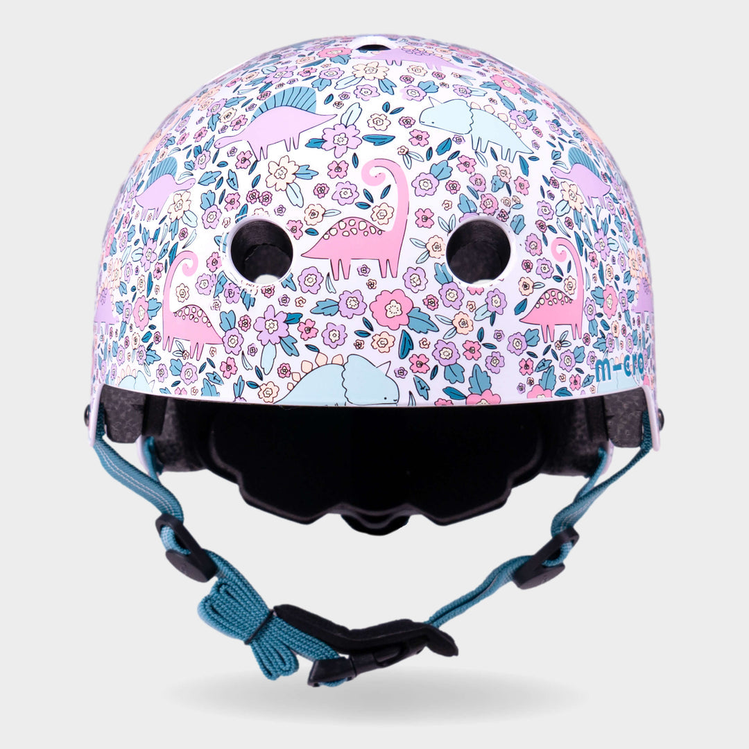 Front view of the Flora-Saur Micro printed helmet with teal straps