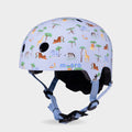 Micro printed helmet in pale blue with a safari animal pattern of lions, giraffes, elephants and trees, front three-quarter view