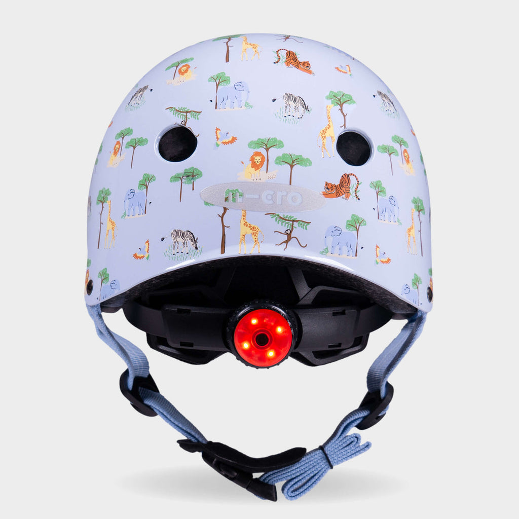 Back of the Blue Safari Micro helmet with the red rear safety light switched on