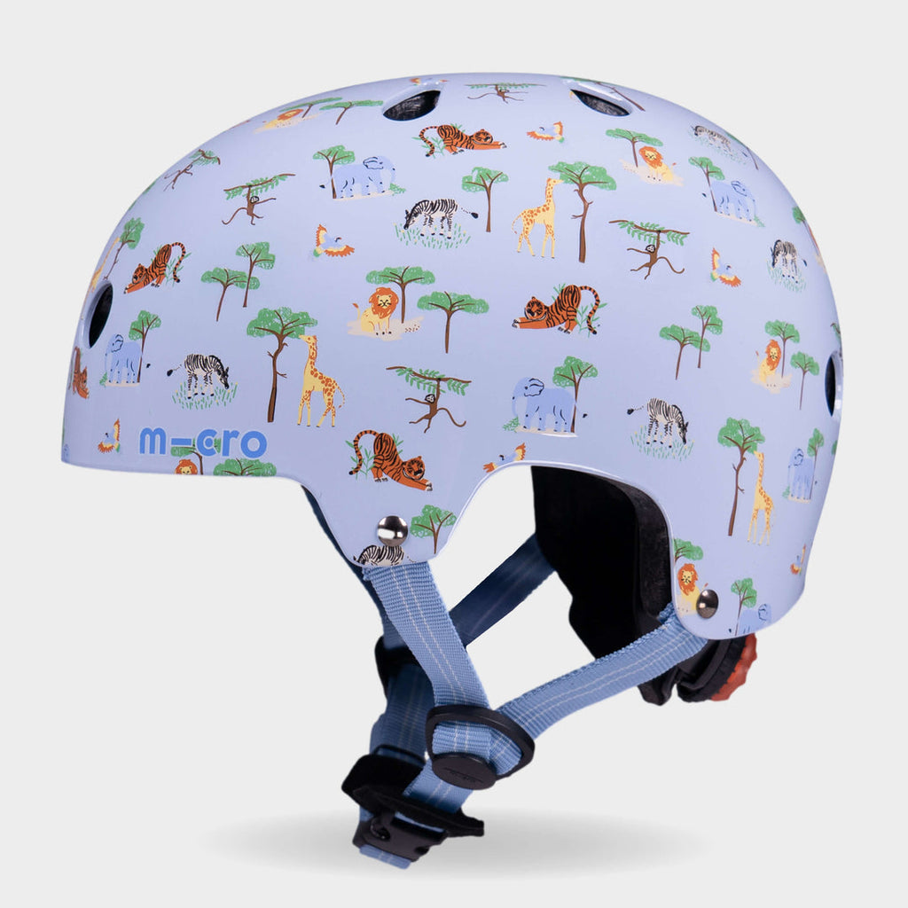 Side view of the Blue Safari Micro kids' helmet showing the air vents