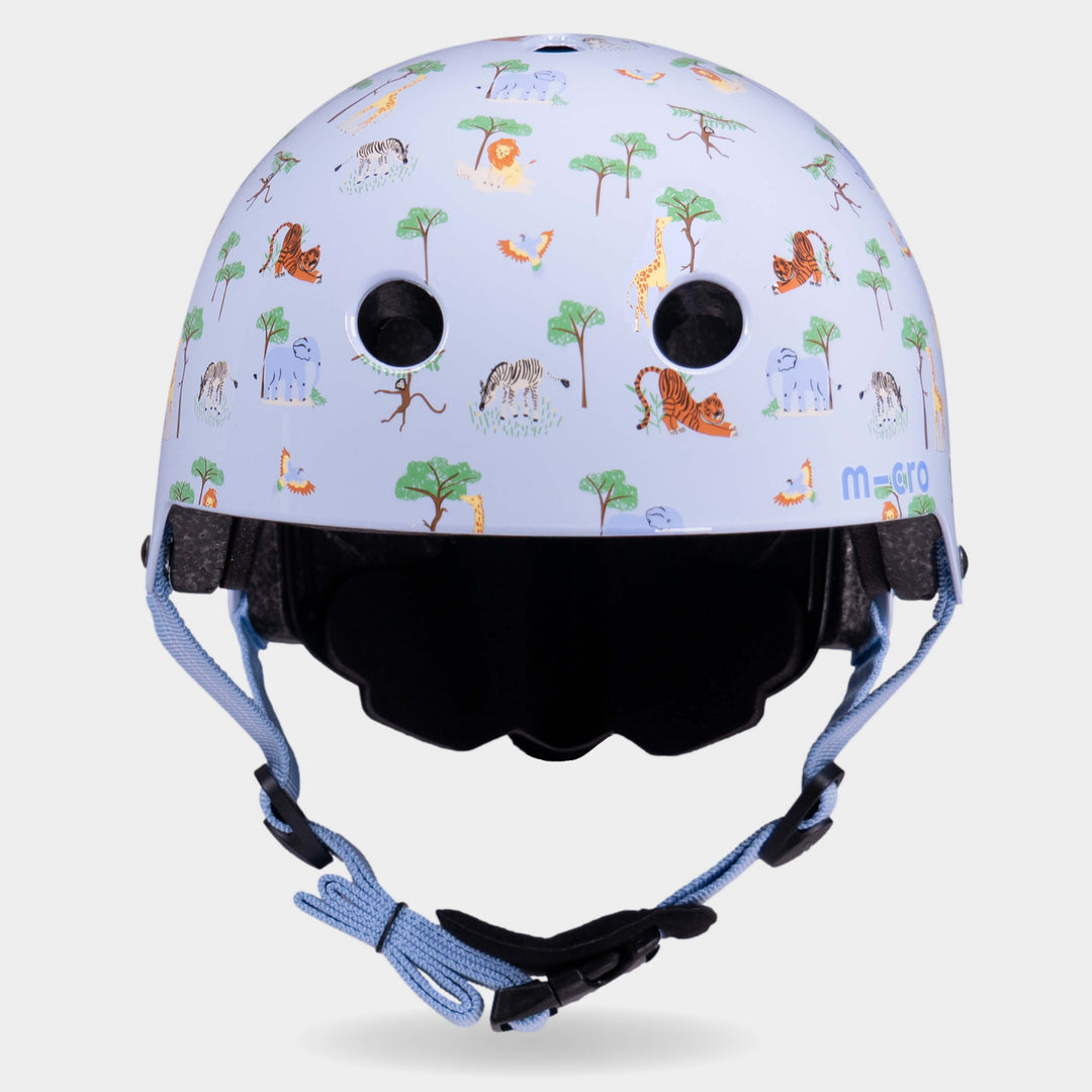 Front view of the Blue Safari Micro printed helmet with blue straps