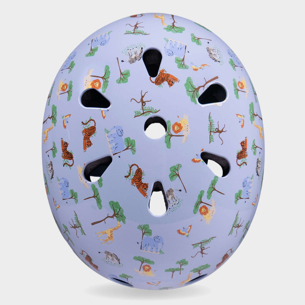 Top view of the Blue Safari Micro helmet showing the animal print and air vents