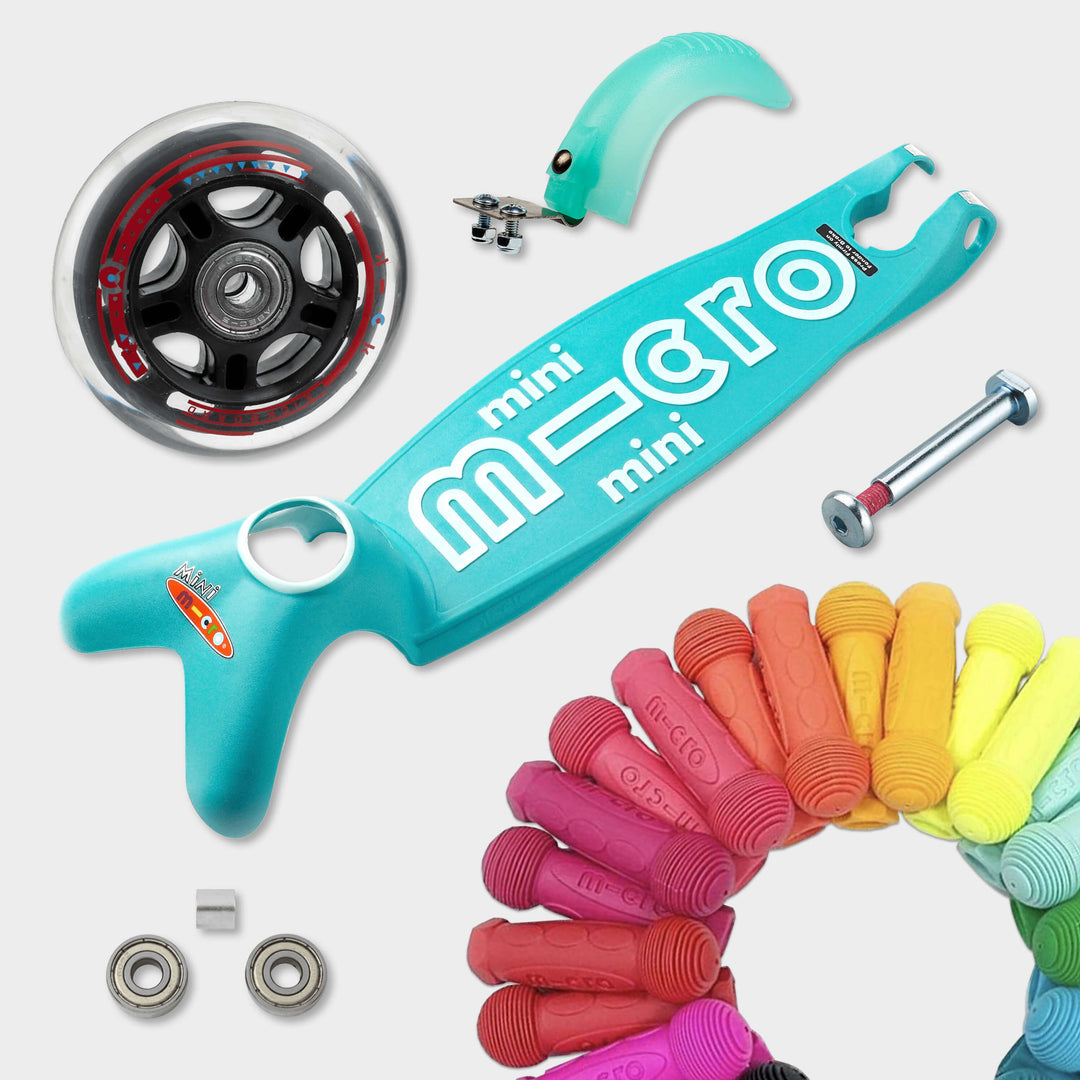 Replaceable parts for the aqua Mini Micro Deluxe: spare wheel, deck, axle, bearings, brake and coloured grips