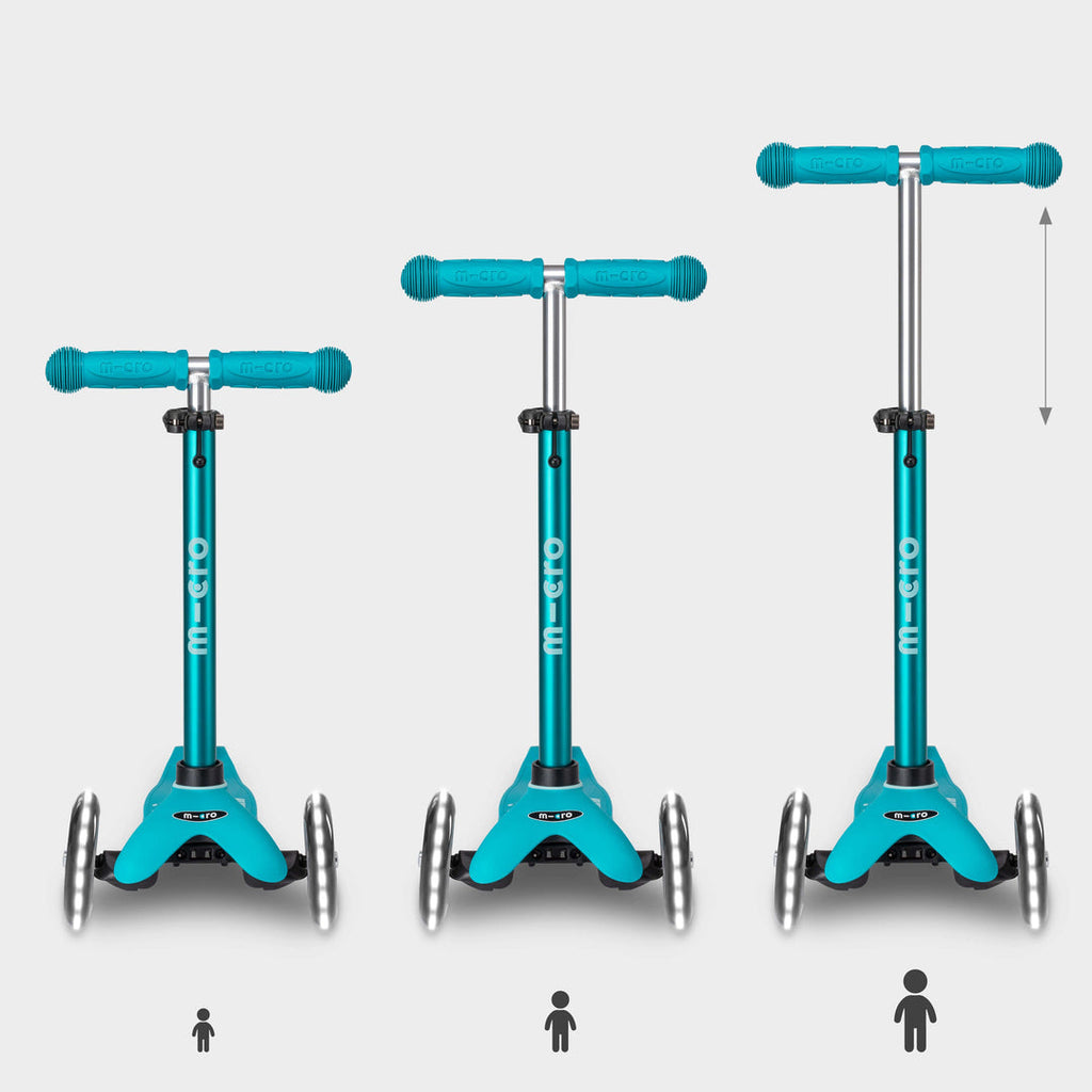 Three aqua Mini Micro Deluxe LED scooters showing the handlebar height adjusting as a child grows