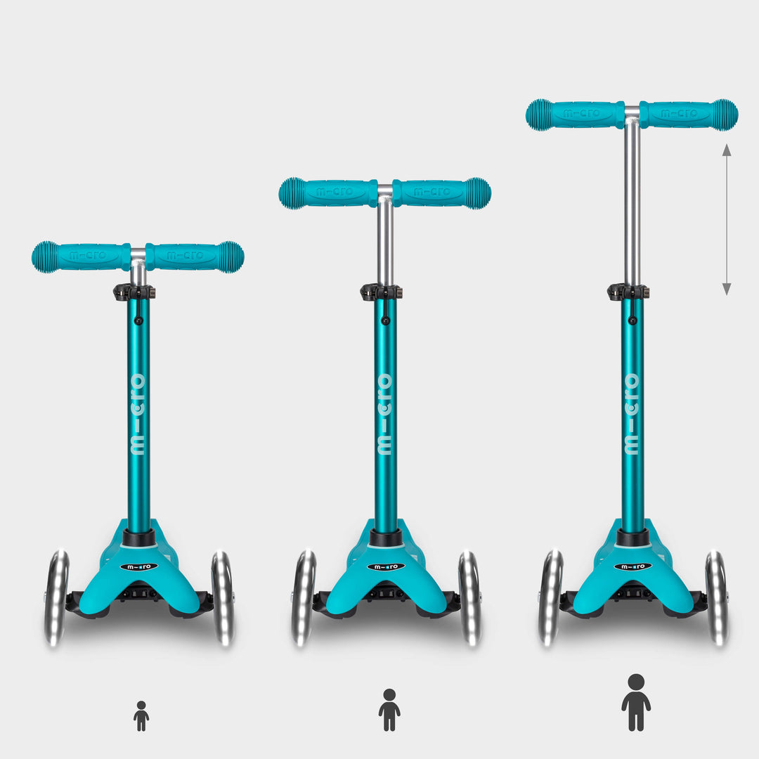 Three aqua Mini Micro Deluxe LED scooters showing the handlebar height adjusting as a child grows
