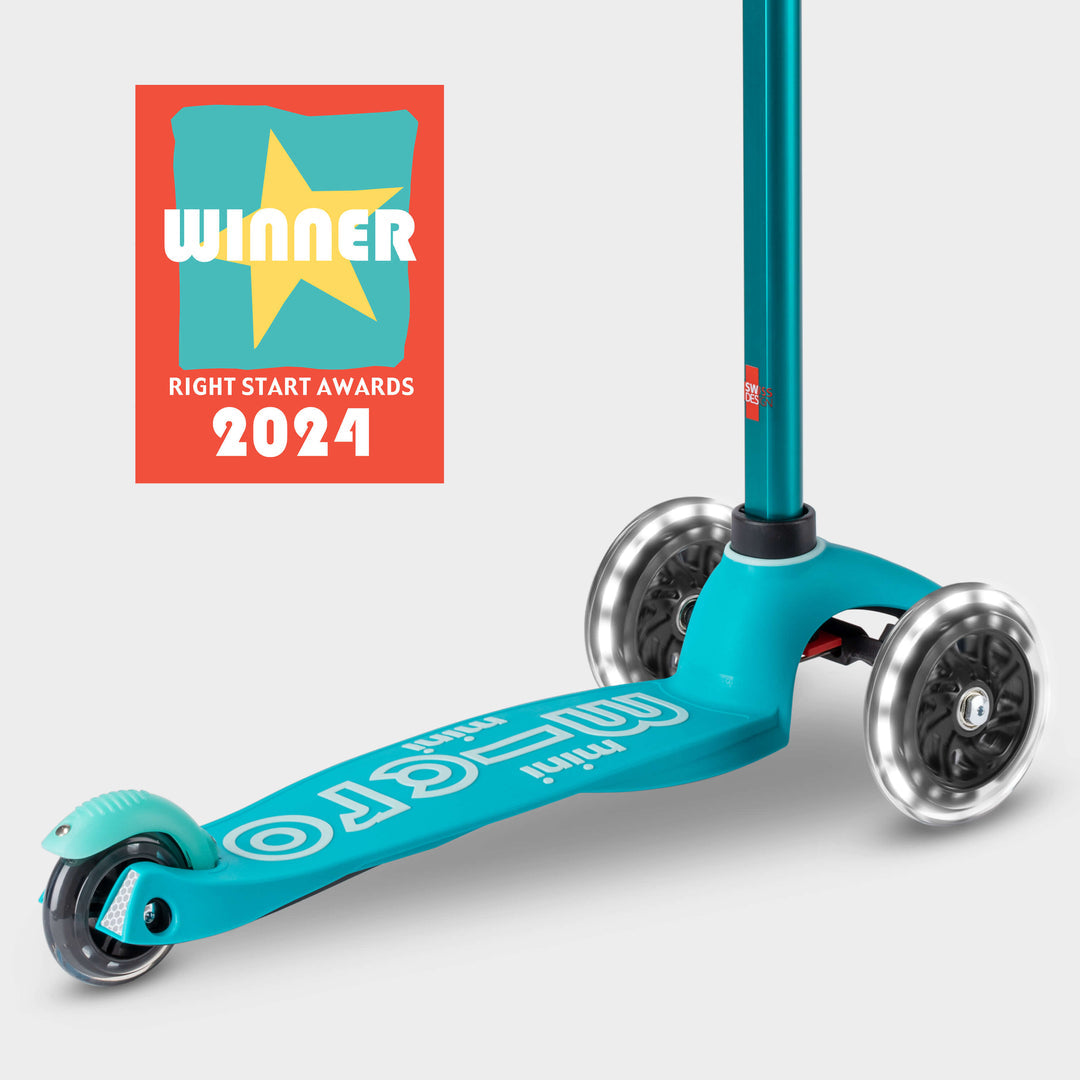 Aqua Mini Micro Deluxe LED scooter with the Right Start Awards 2024 Winner badge