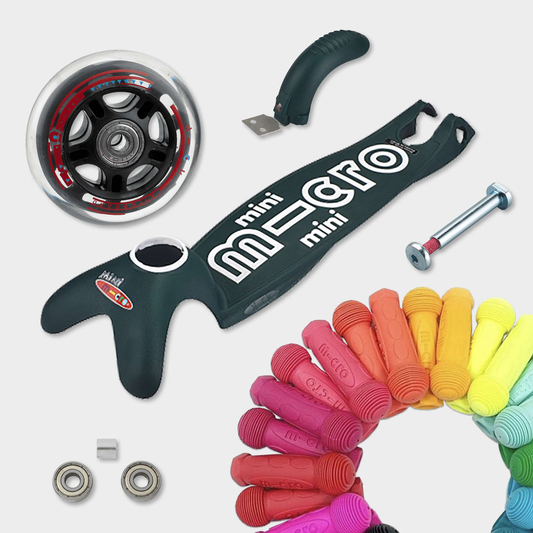 Replaceable parts for the green Mini Micro Eco: spare wheel, deck, axle, bearings, brake and coloured grips