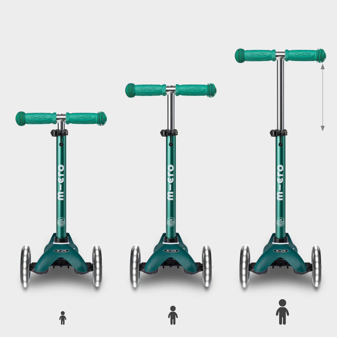 Three green Mini Micro Eco LED scooters showing the handlebar height adjusting as a child grows