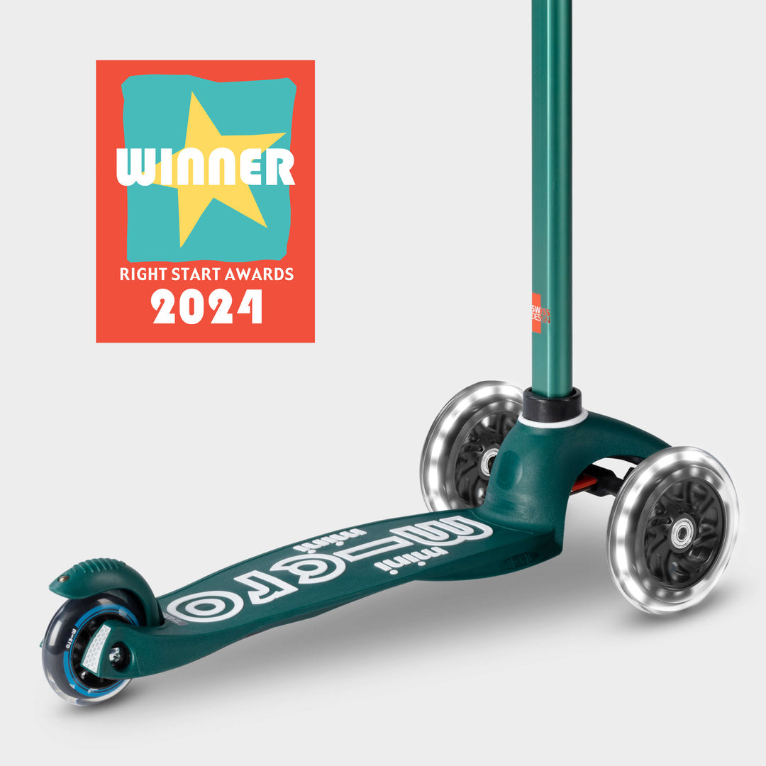 Green Mini Micro Eco LED scooter with the Right Start Awards 2024 Winner badge