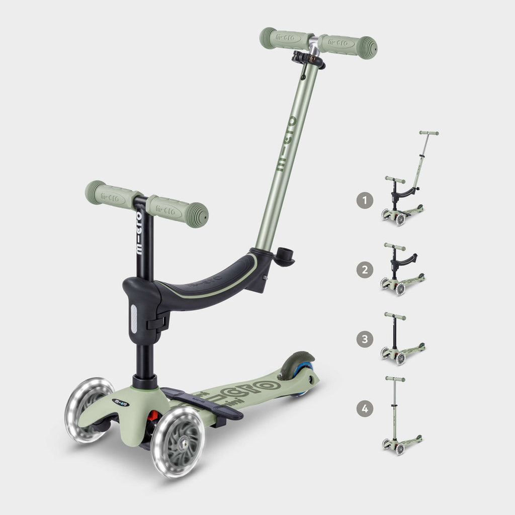 Micro Mini2Grow Deluxe LED in sage green set up as a ride-on with seat and push handle, with icons of its four stages