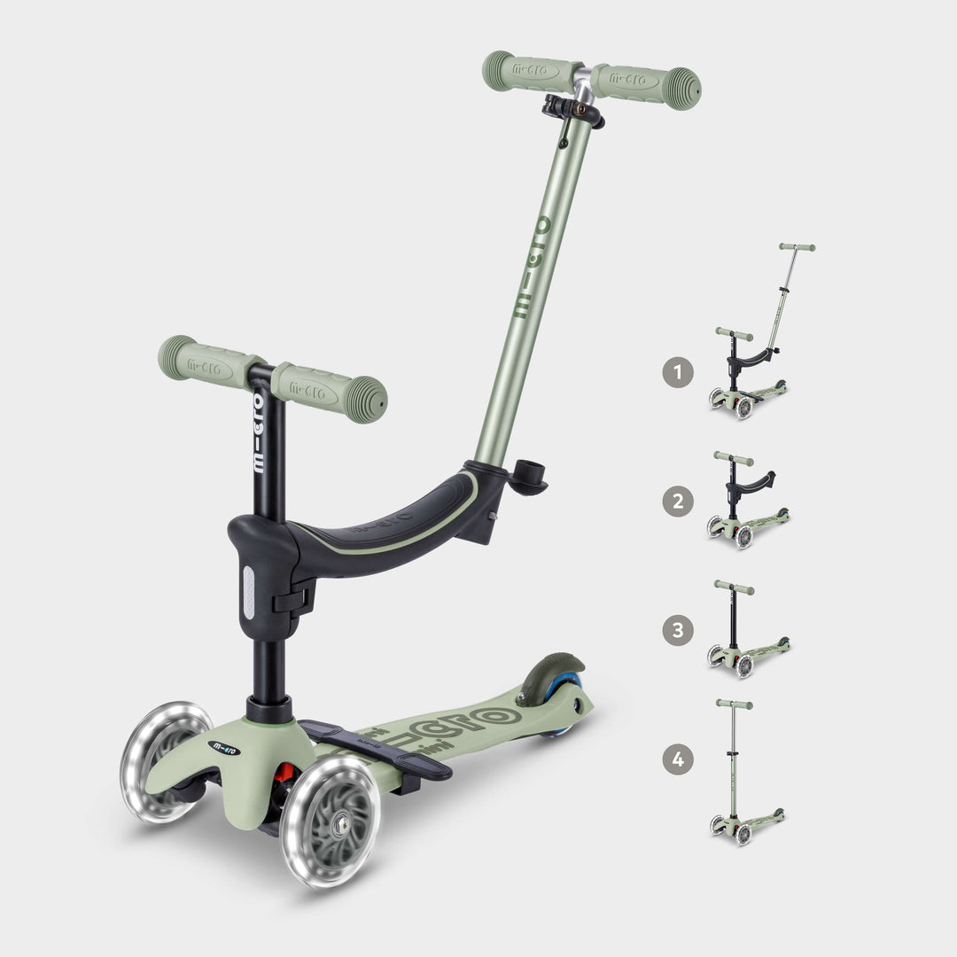 Micro Mini2Grow Deluxe LED in sage green set up as a ride-on with seat and push handle, with icons of its four stages