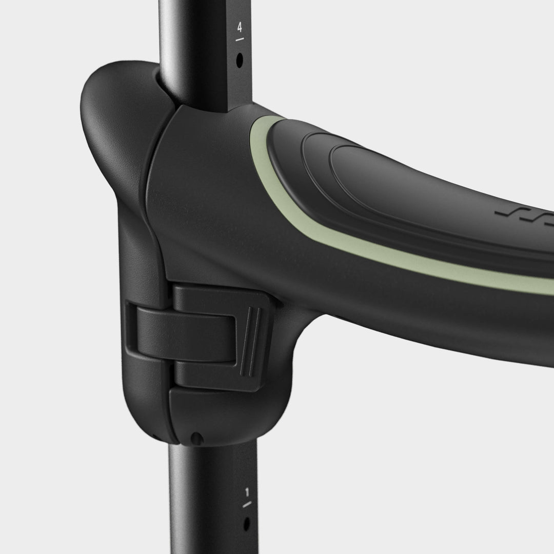 Close-up of the black seat with sage green trim on the Micro Mini2Grow Deluxe