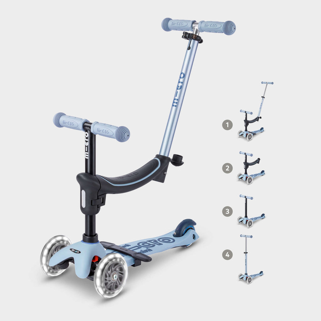 Micro Mini2Grow Deluxe LED in soft blue set up as a ride-on with seat and push handle, with icons of its four stages