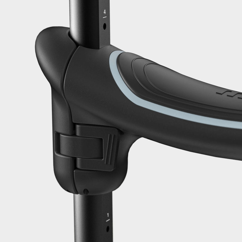 Close-up of the black seat with soft blue trim on the Micro Mini2Grow Deluxe